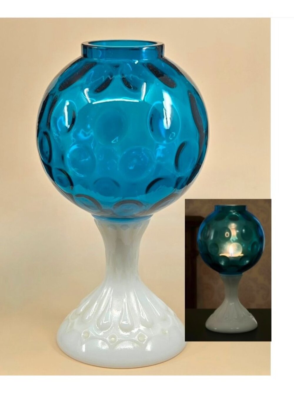 Fenton Blue Ivy Ball Jamestown, Coin Dot Milk Glass, Deep Aqua Blue.